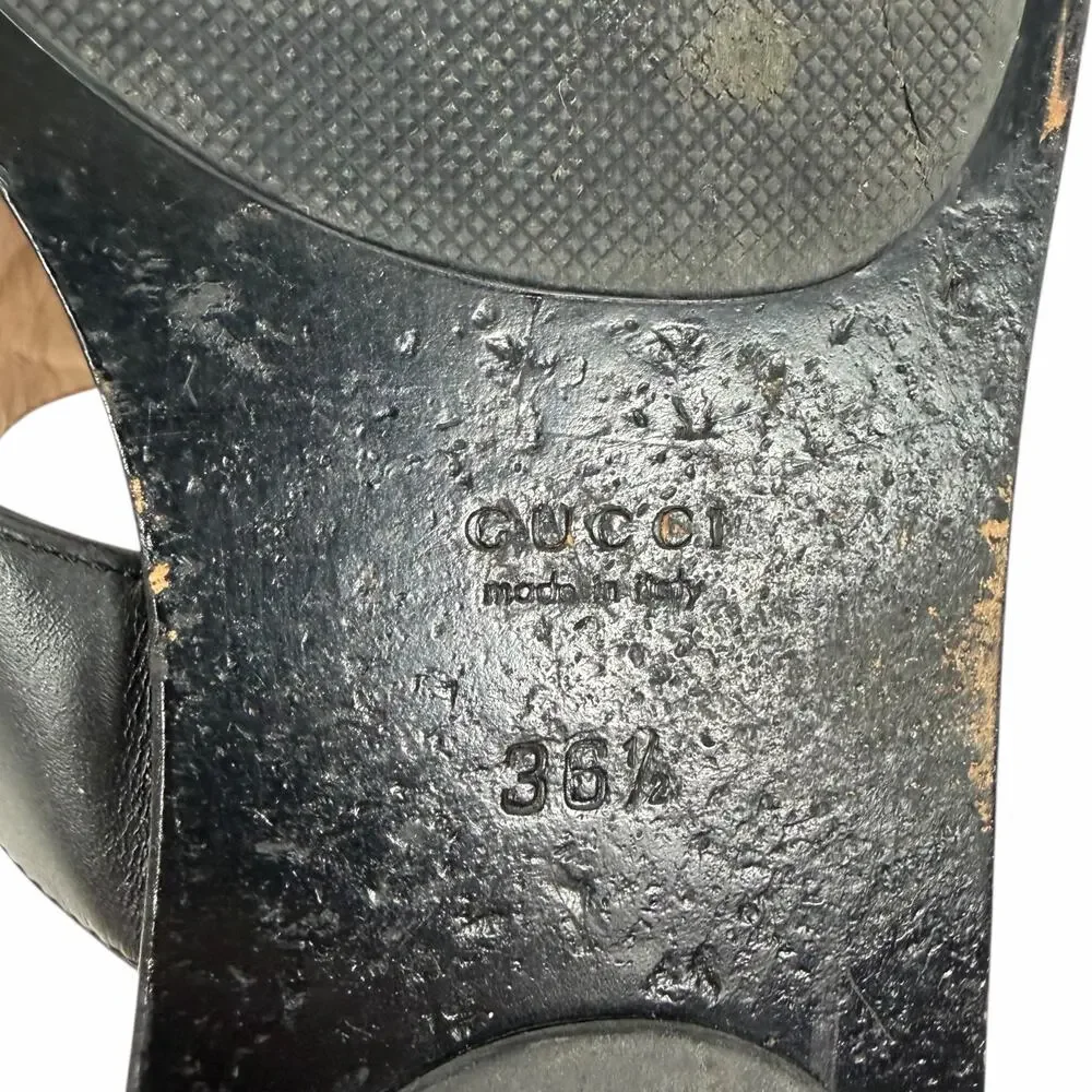 Gucci Black Leather Thong Sandal Gold Double G Logo Size 36.5 - Picture 12 of 15